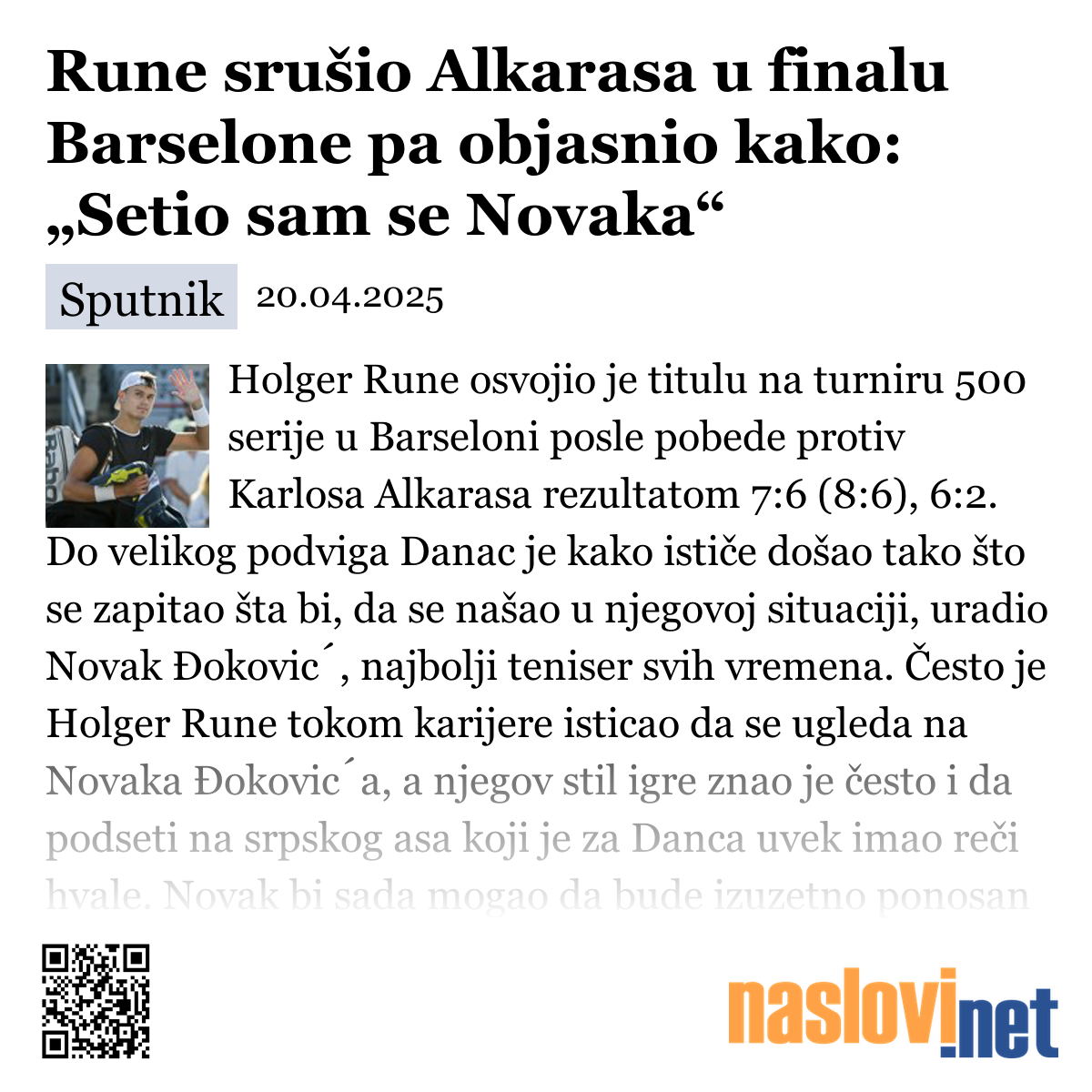 Alkaras Povređen, Rune Slavi U Finalu Barselone Alkaras Povređen, Rune Slavi U Finalu Barselone