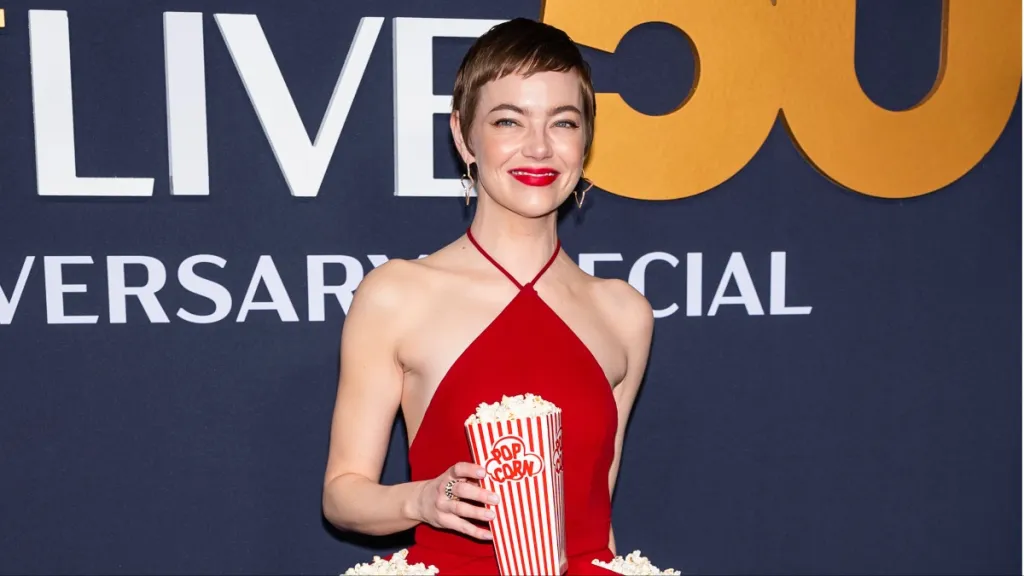 Emma Stone's Popcorn Dress: A SNL 50th Anniversary Showstopper Emma Stone's Popcorn Dress: A SNL 50th Anniversary Showstopper